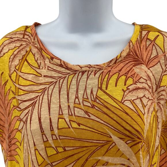 Tahari Luxe Linen Top WMNS M Orange Yellow Tropical Print Back Button Sleeveless - Picture 3 of 8